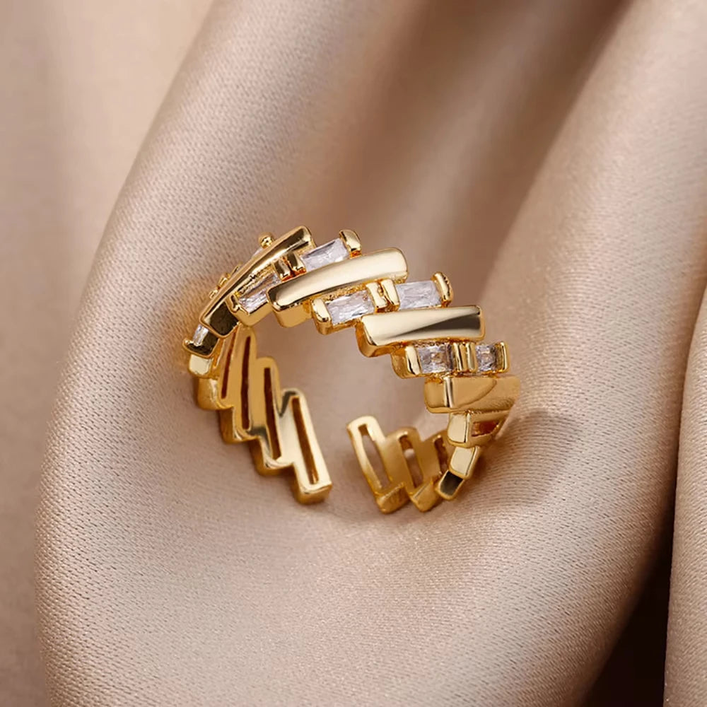 Luxury Zircon Geometric Rings For Women Stainless Steel Gold Color Open Ring Trendy Wedding Party Aesthetic Jewerly Gift Femme
