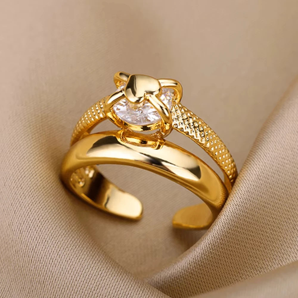 Luxury Zircon Geometric Rings For Women Stainless Steel Gold Color Open Ring Trendy Wedding Party Aesthetic Jewerly Gift Femme