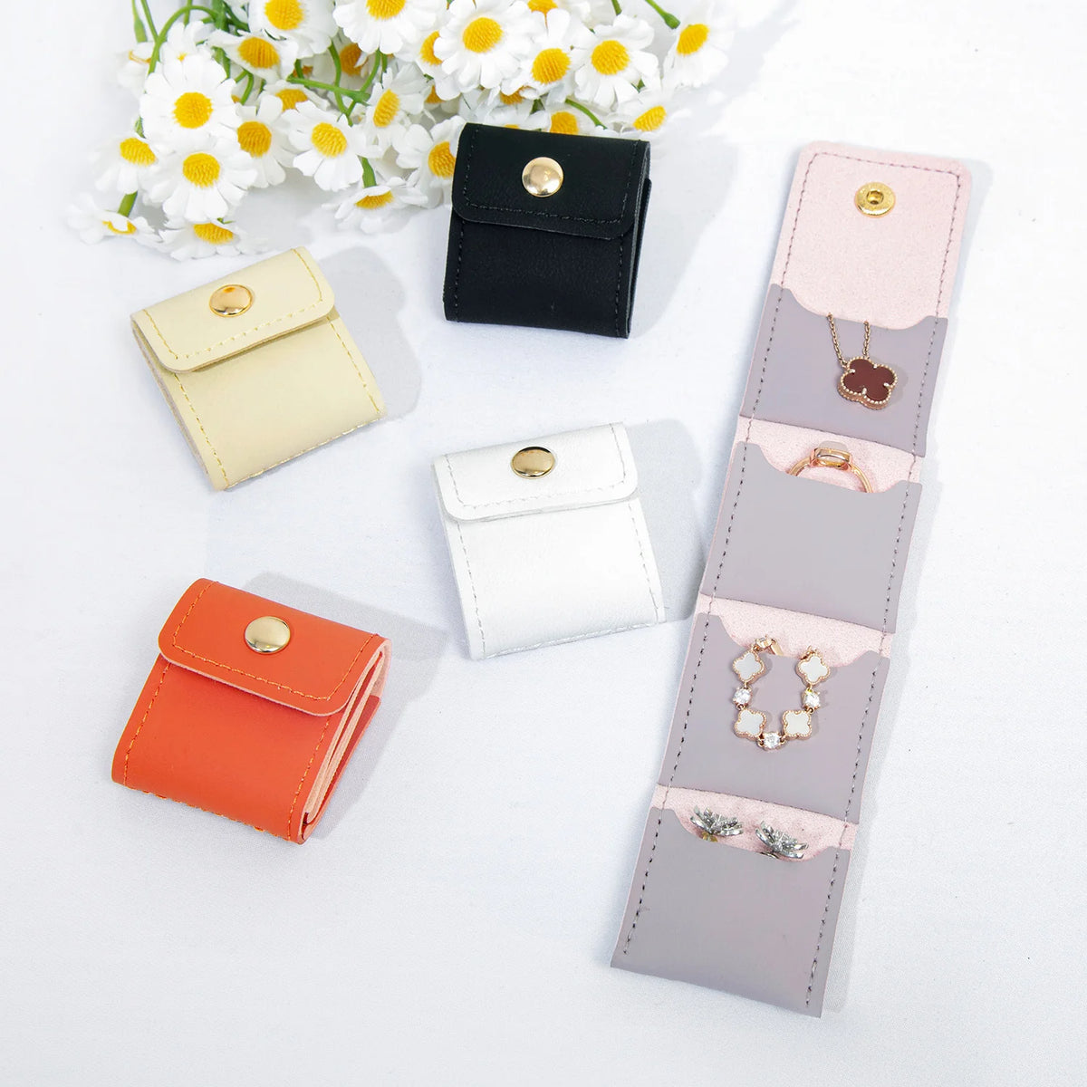 Mini Jewelry Organizer Roll Pouch PU Leather Travel Jewelry Case with Multiple Pockets for Necklace/Earring/Ring