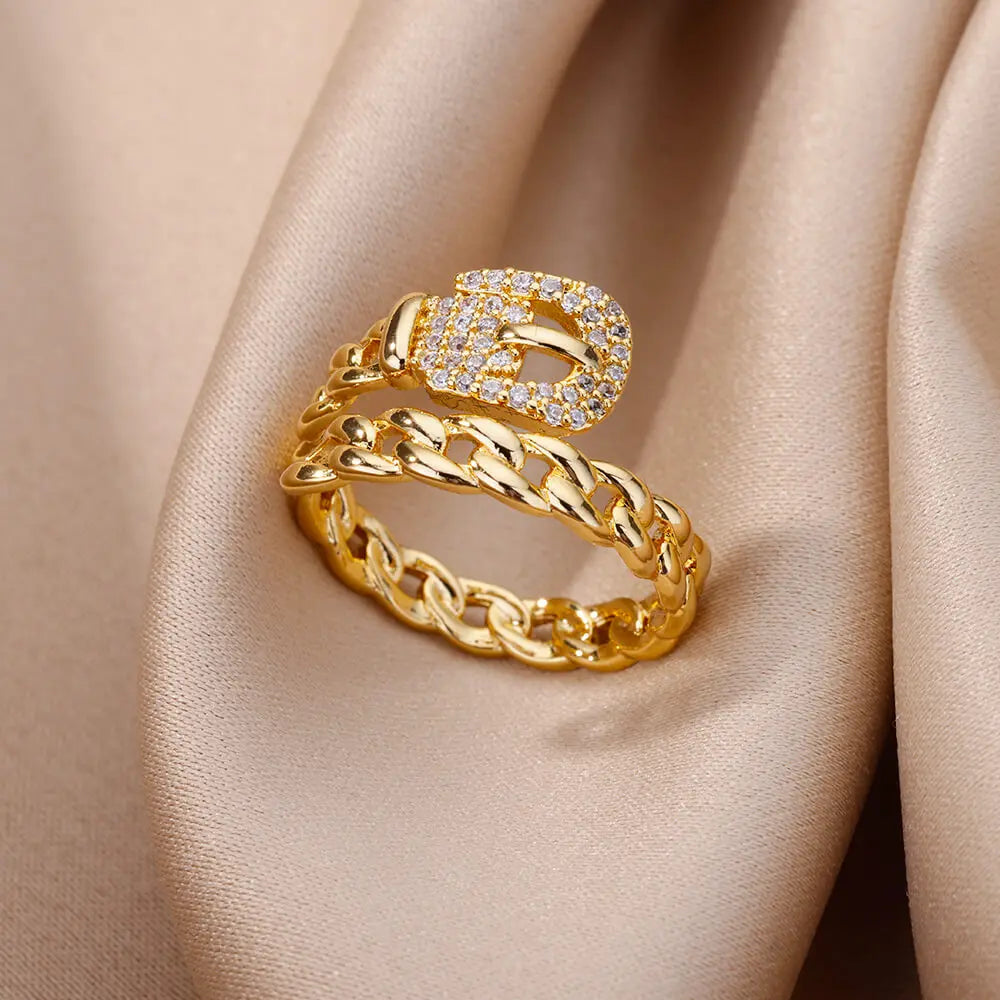 Luxury Zircon Geometric Rings For Women Stainless Steel Gold Color Open Ring Trendy Wedding Party Aesthetic Jewerly Gift Femme