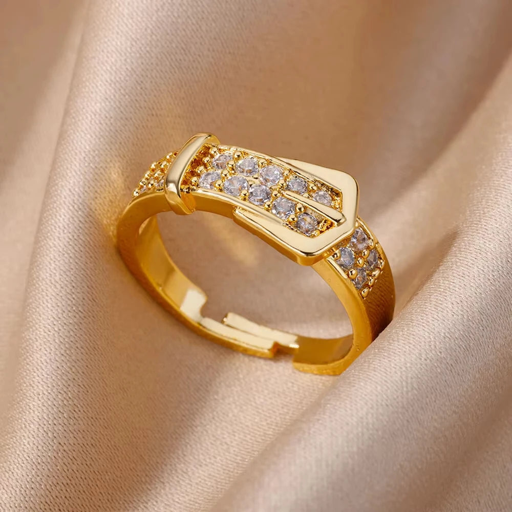 Luxury Zircon Geometric Rings For Women Stainless Steel Gold Color Open Ring Trendy Wedding Party Aesthetic Jewerly Gift Femme